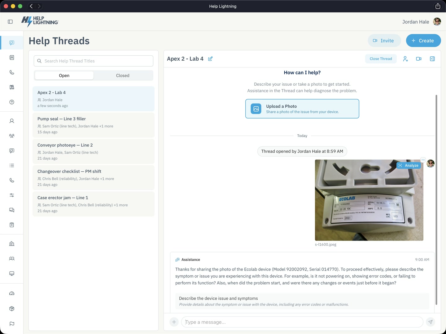 Ask the Thread on new work: How can I help, a photo of the unit, and the first reply.