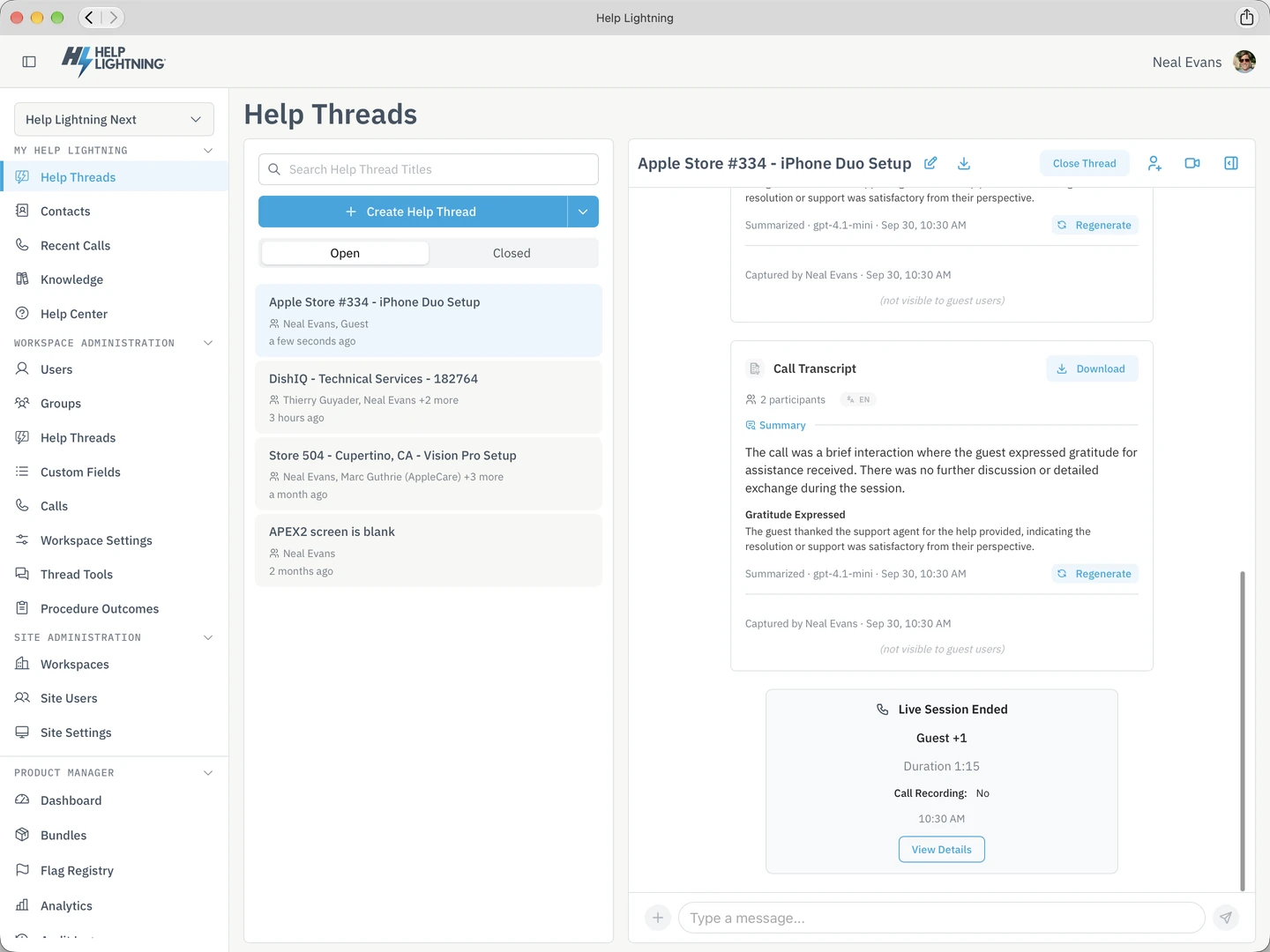 A call transcript reduced to topics, highlights, and next steps.