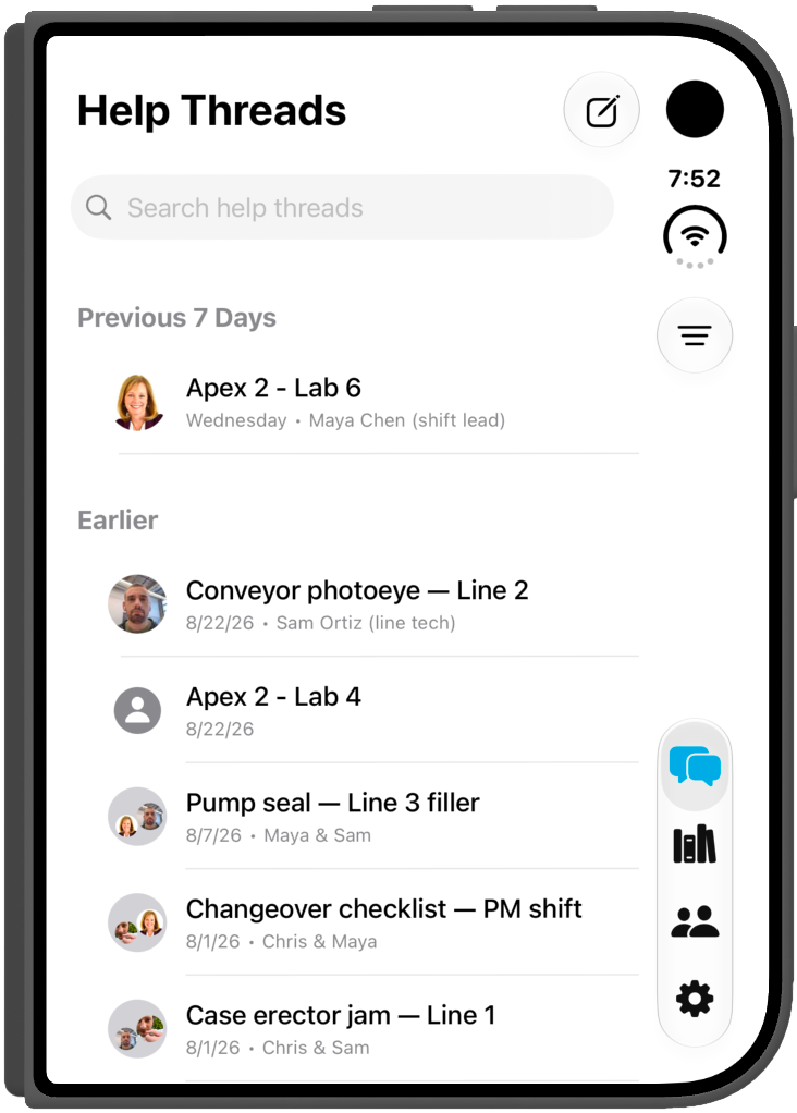 Help Threads on a folded iPhone Duo: the thread list and a vertical tool rail along the curved edge.