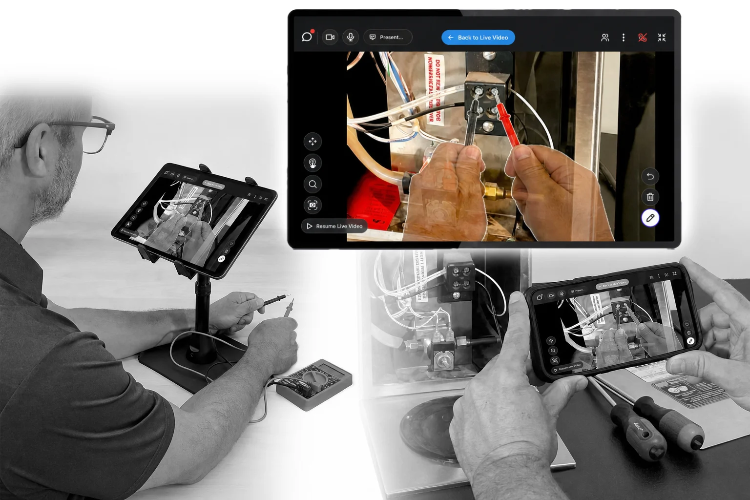 A technician works from a tablet while Merged Reality puts the expert’s hands on the equipment.