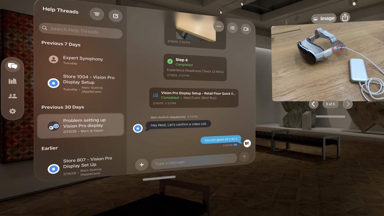 Help Threads in the middle of the room on Vision Pro, with a popped-out image window beside it.